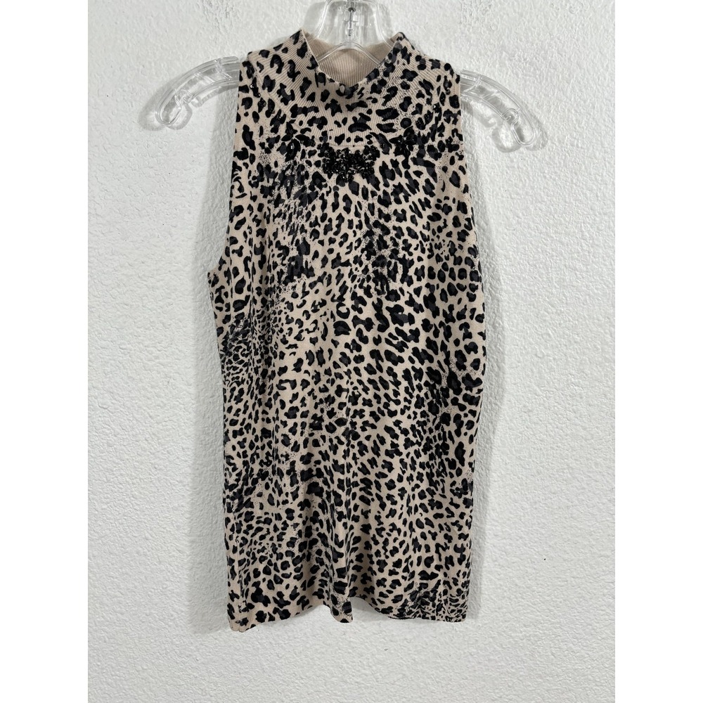 Vertigo Paris Tank Top Womens XL Beige Black Animal Print Beaded Knit Sleeveless